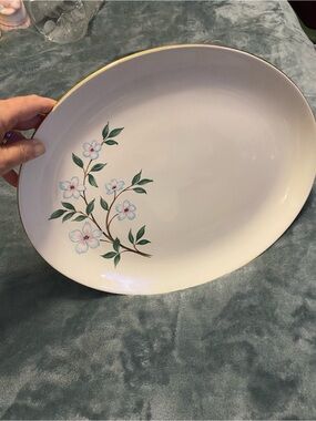 Homer Laughlin White Platter with Blue Floral Sprig and Gold Trim